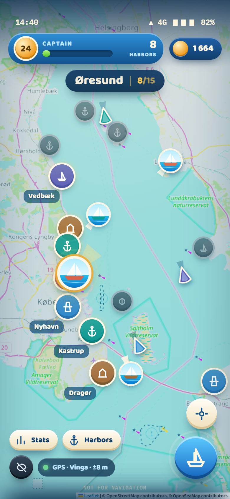 SailorScape mobile game showing a live map and harbor discoveries